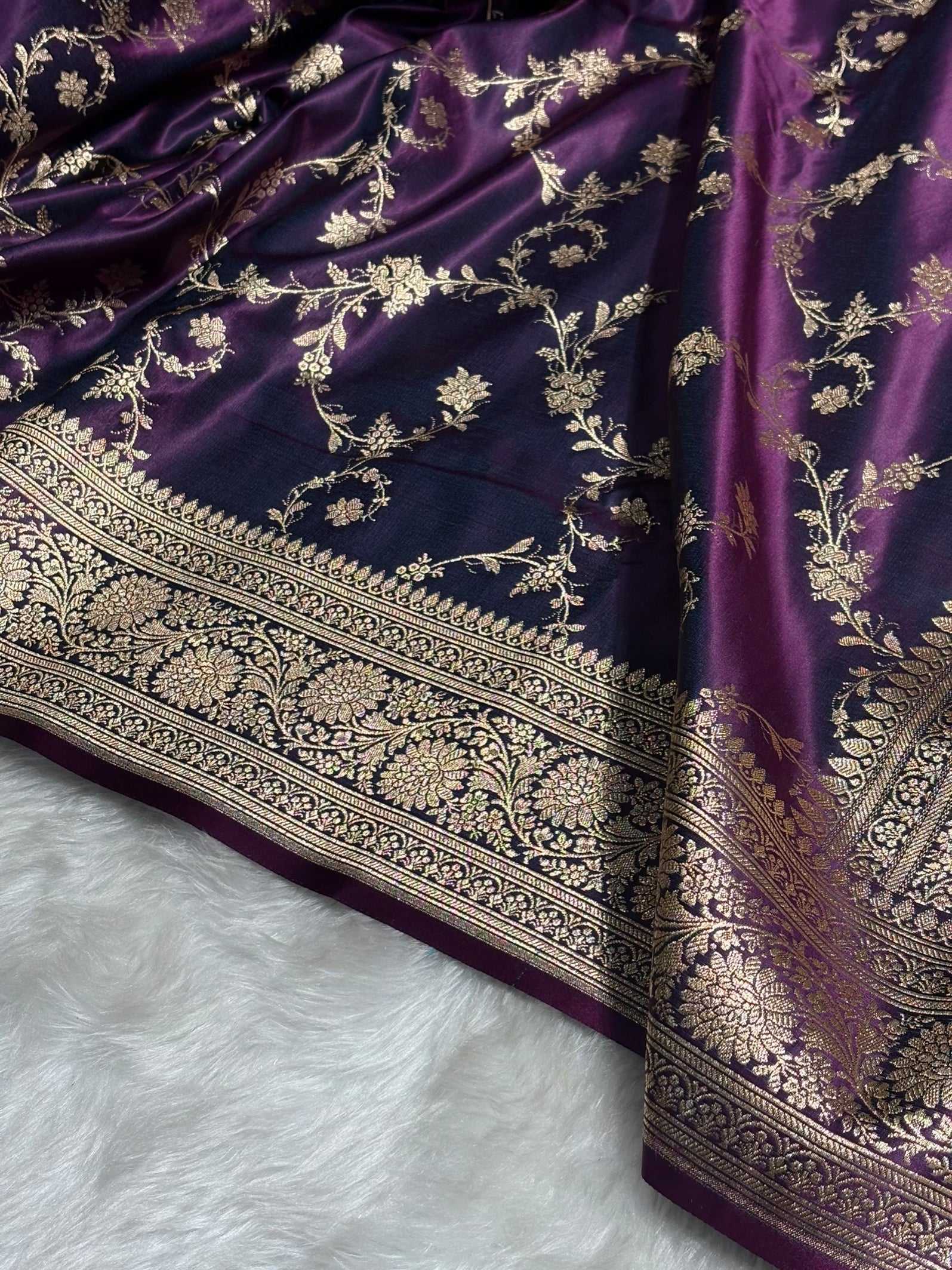 Wine Shades Floral Jaal Pattern Satin Katan Silk saree SK60