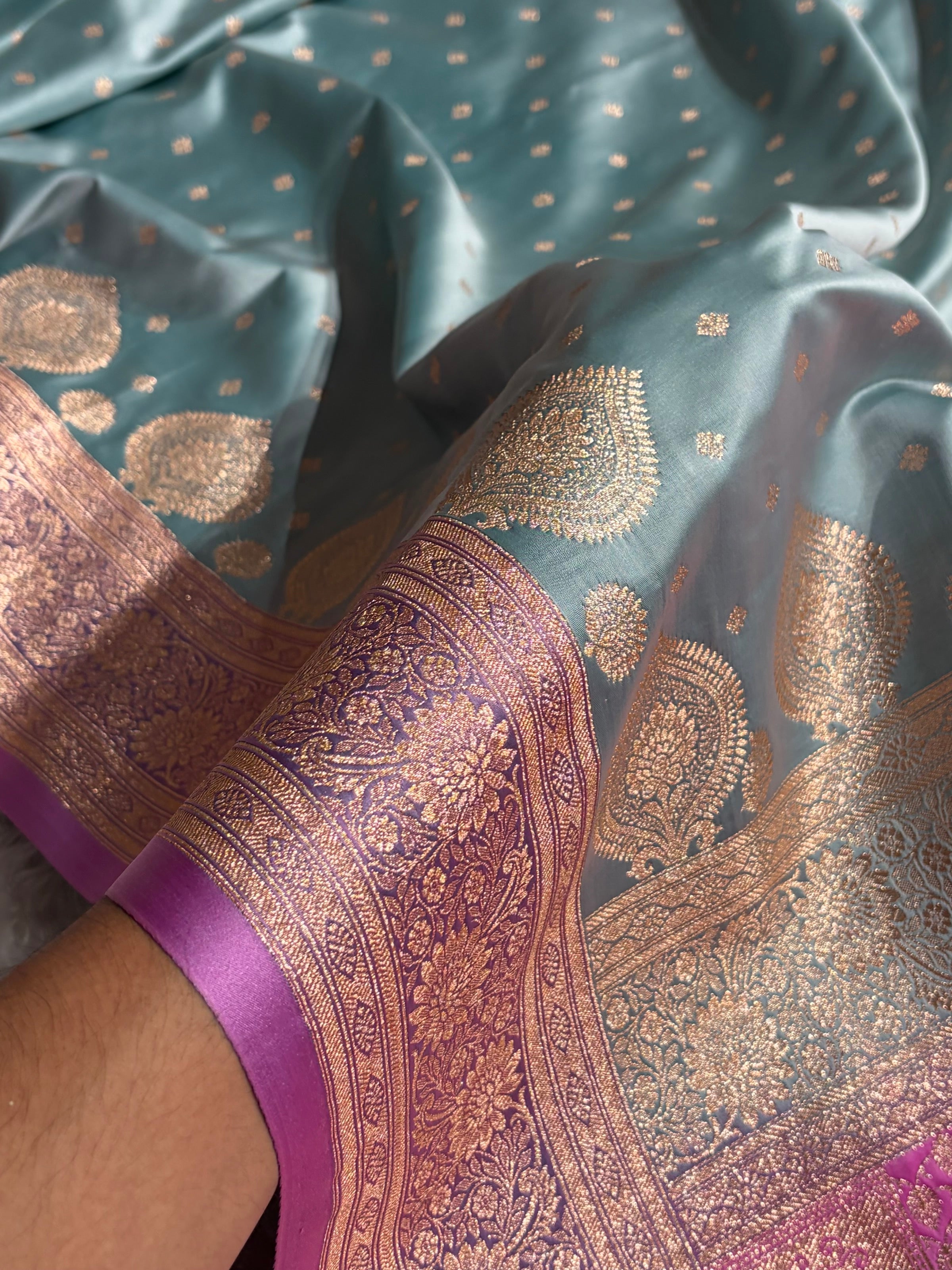 Turquoise with Lavender Booti Satin Katan Silk saree SK29