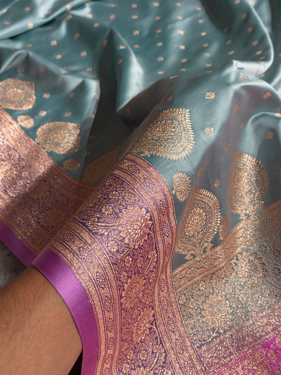 Turquoise with Lavender Booti Satin Katan Silk saree SK29