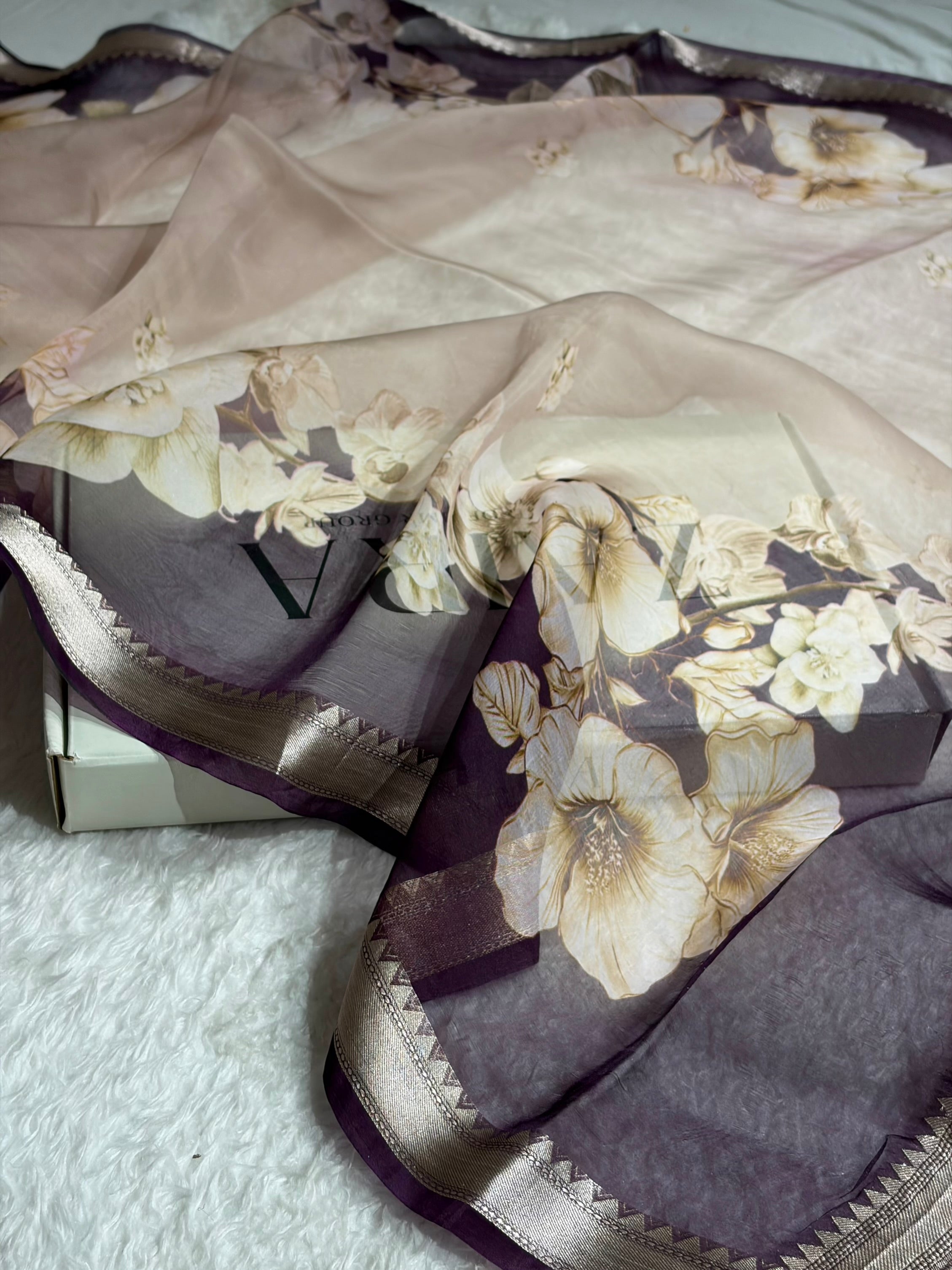 Light Beige & Wine Organza with Pastel Multicolor Florals & Gold Zari Border POP08