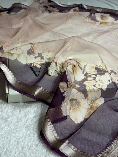 Light Beige & Wine Organza with Pastel Multicolor Florals & Gold Zari Border POP08