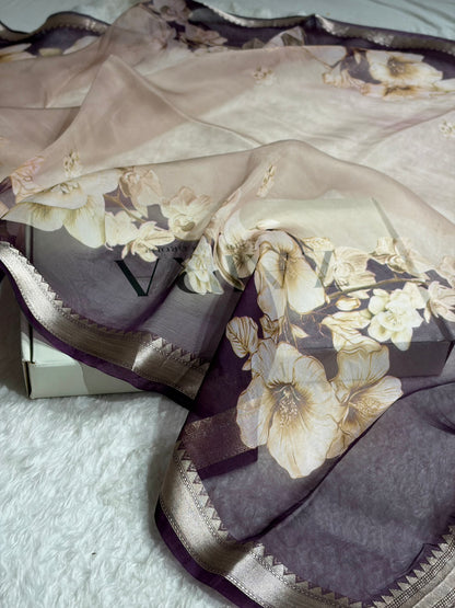 Light Beige & Wine Organza with Pastel Multicolor Florals & Gold Zari Border POP08