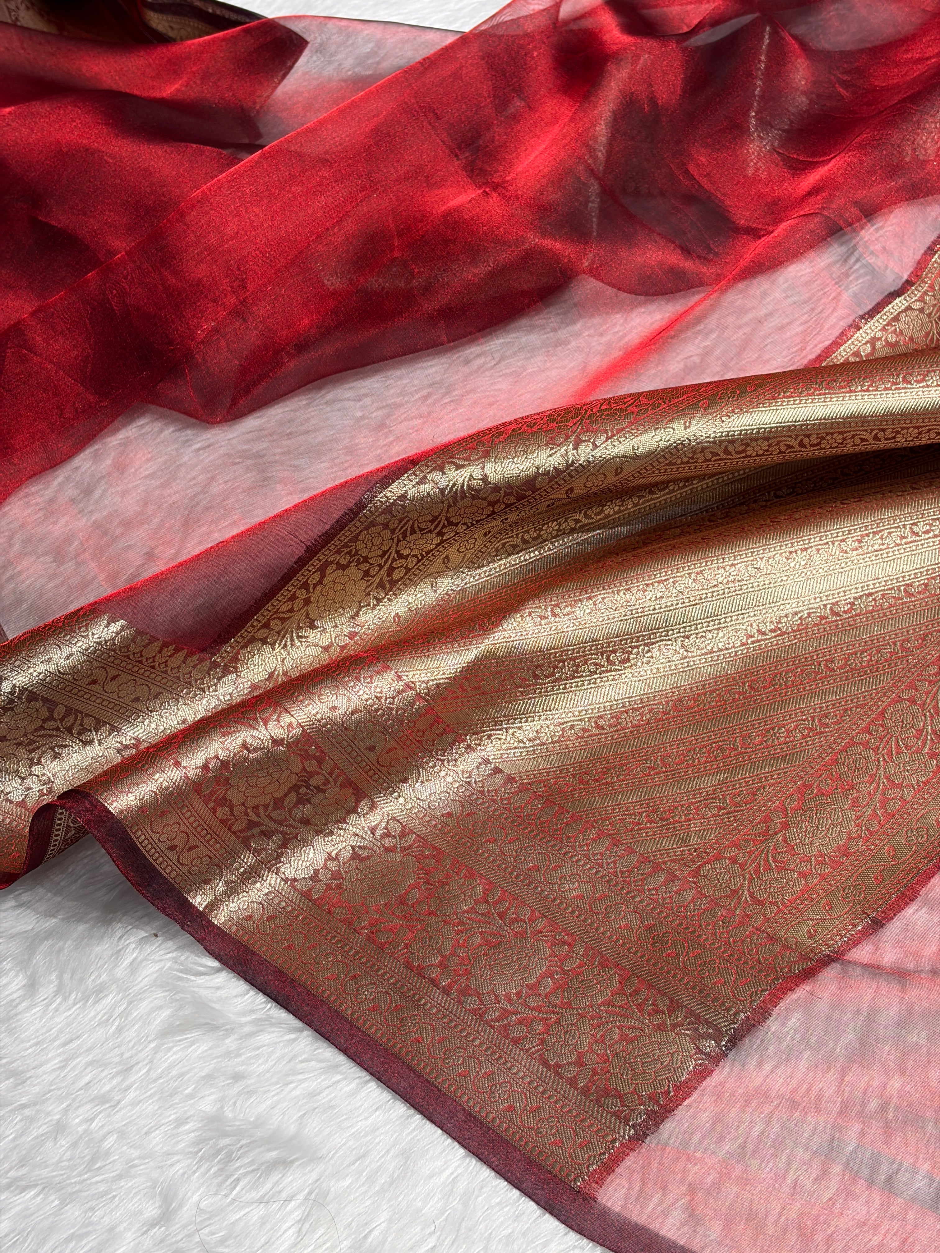 Cross Red Shades Pure Tissue Silk Saree with Brocade Blouse PT-08