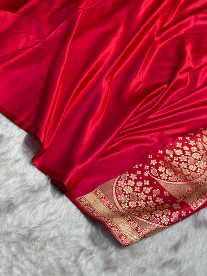Cross Red Floral Banasari Pattern Satin Katan Silk Saree SK83