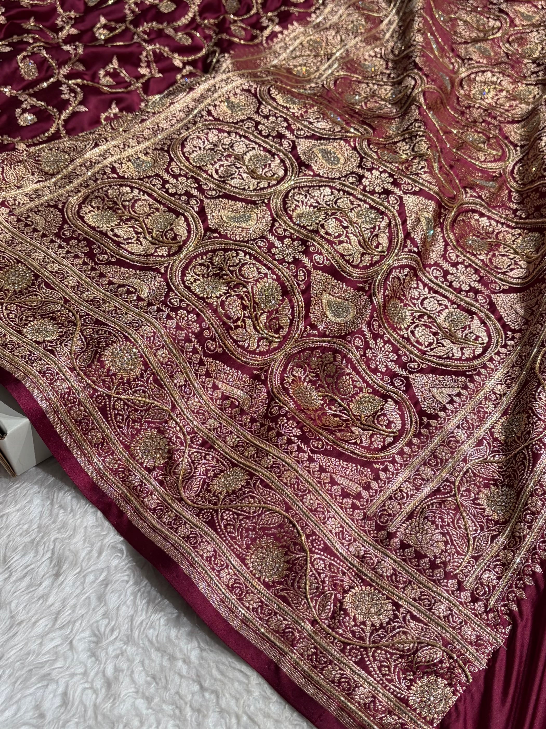 Banarasi Chocolate Shades Jaal Pattern With Swarovski Stone & Zardozi Satin Katan Silk Saree BSK55