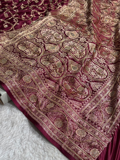 Banarasi Chocolate Shades Jaal Pattern With Swarovski Stone & Zardozi Satin Katan Silk Saree BSK55