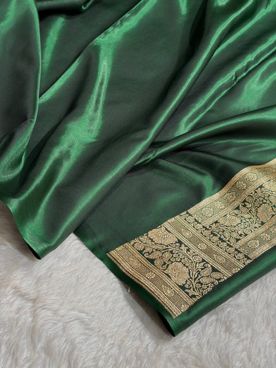 Bottle Green Shades Jaal Pattern Banarasi Satin Silk Saree SS49