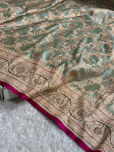 Light Mehendi Jaal With Banarasi Swarovski and Zardozi Work Pattern Satin Katan Silk Saree BSK25