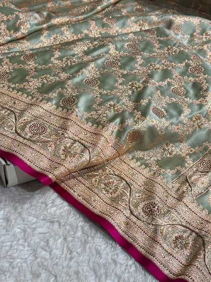 Light Mehendi Jaal With Banarasi Swarovski and Zardozi Work Pattern Satin Katan Silk Saree BSK25