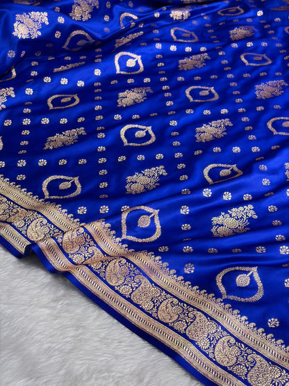 Banarasi Satin Katan Saree With Unique Boota in Royal Blue Shades SK92