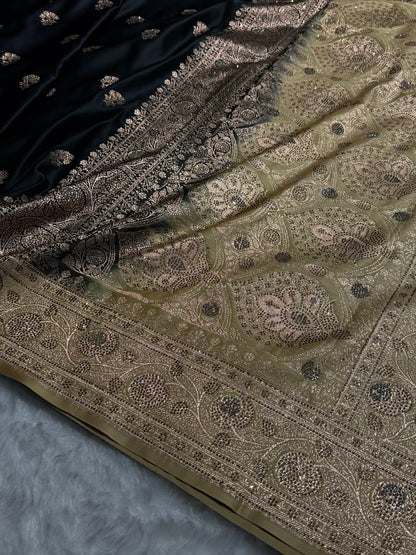 Black - Cream Banarasi Boota With Swarovski Katan Silk Saree BSKM29