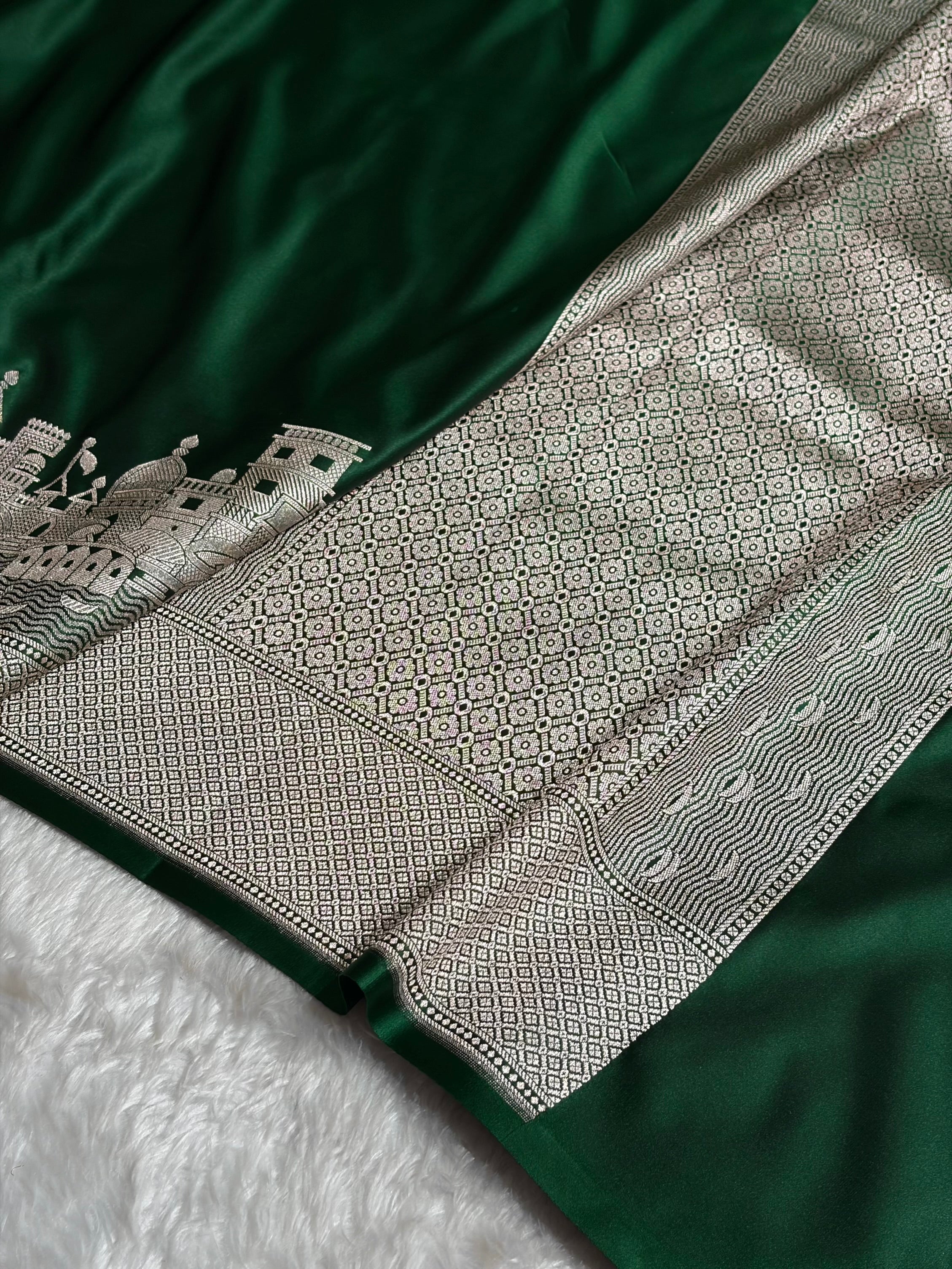 Bottle Green Shades Ghat Pattern Satin Katan Silk Saree SK19