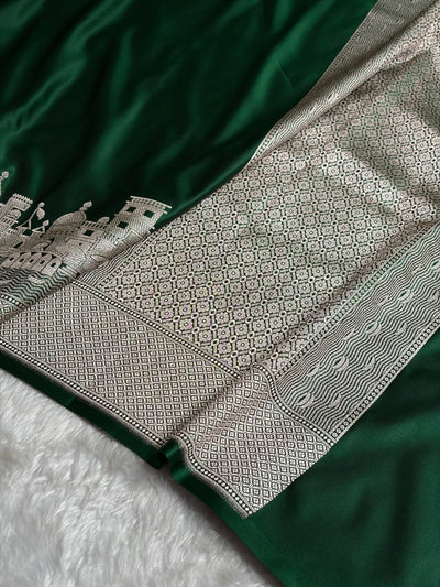 Bottle Green Shades Ghat Pattern Satin Katan Silk Saree SK19