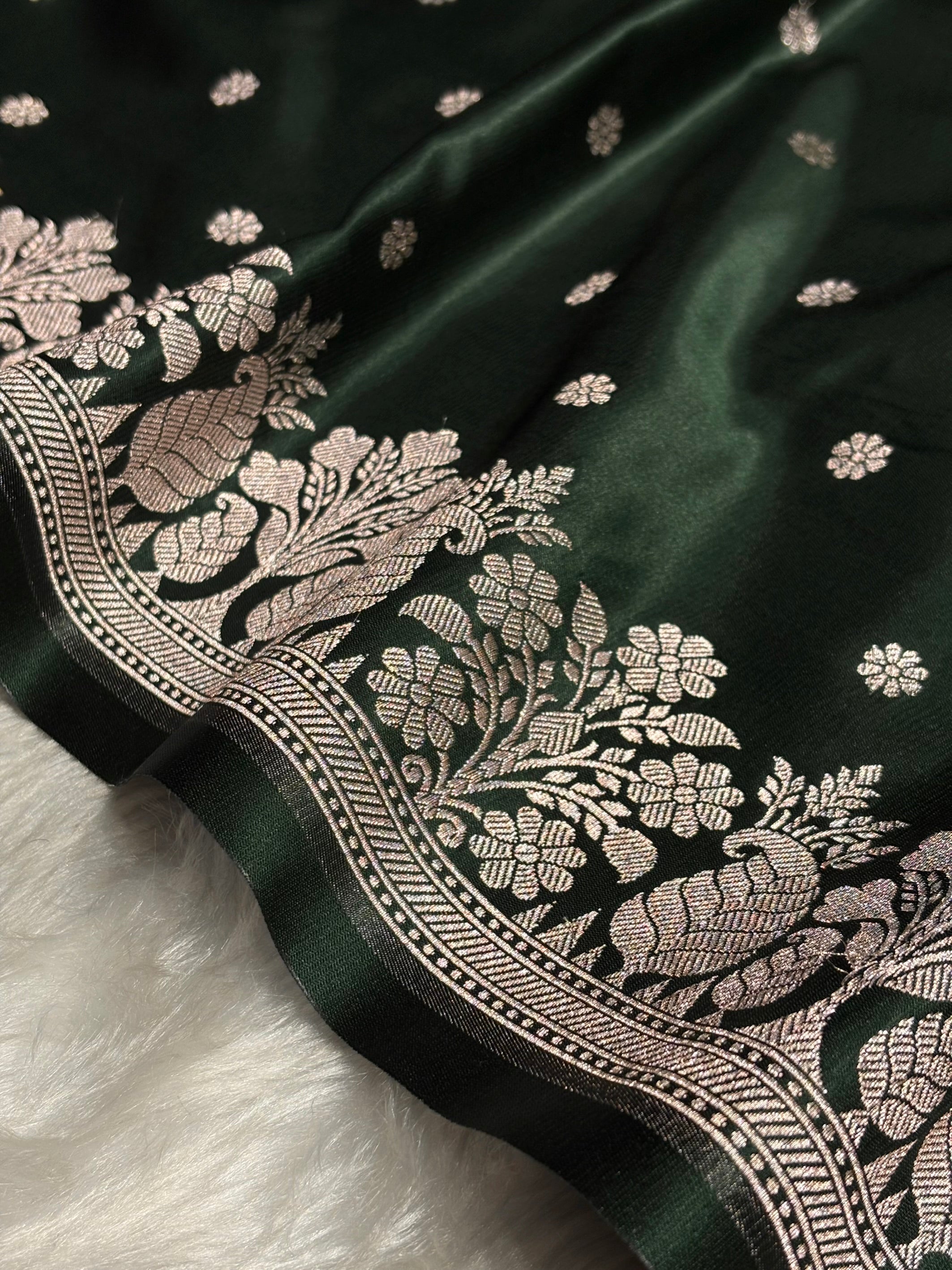 Bottle Green Shades Floral Boota With Floral Border Mashru Silk Saree MSM 79