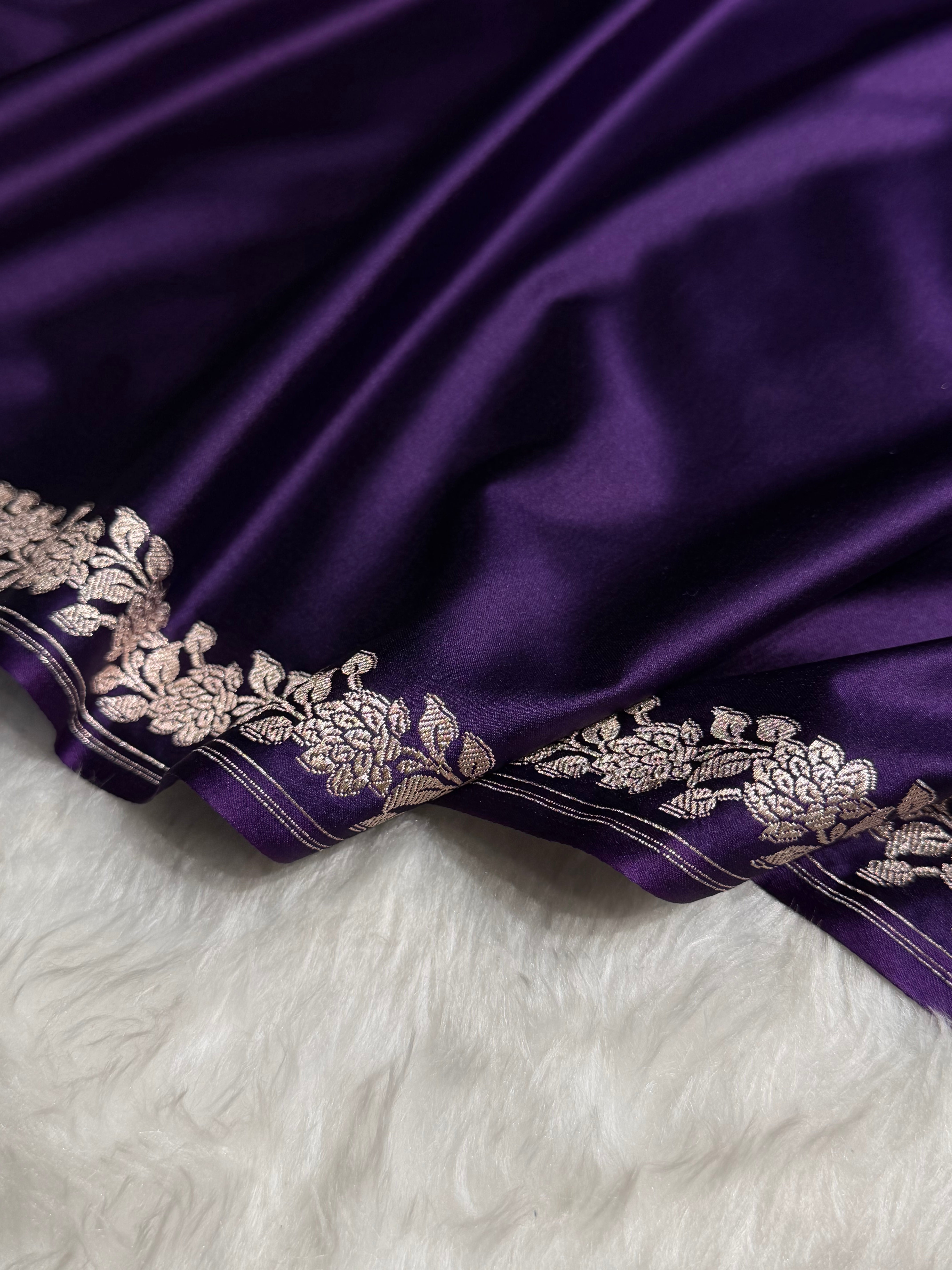 Banarasi Purple With Floral Border Plain Mashru Silk Saree MS80