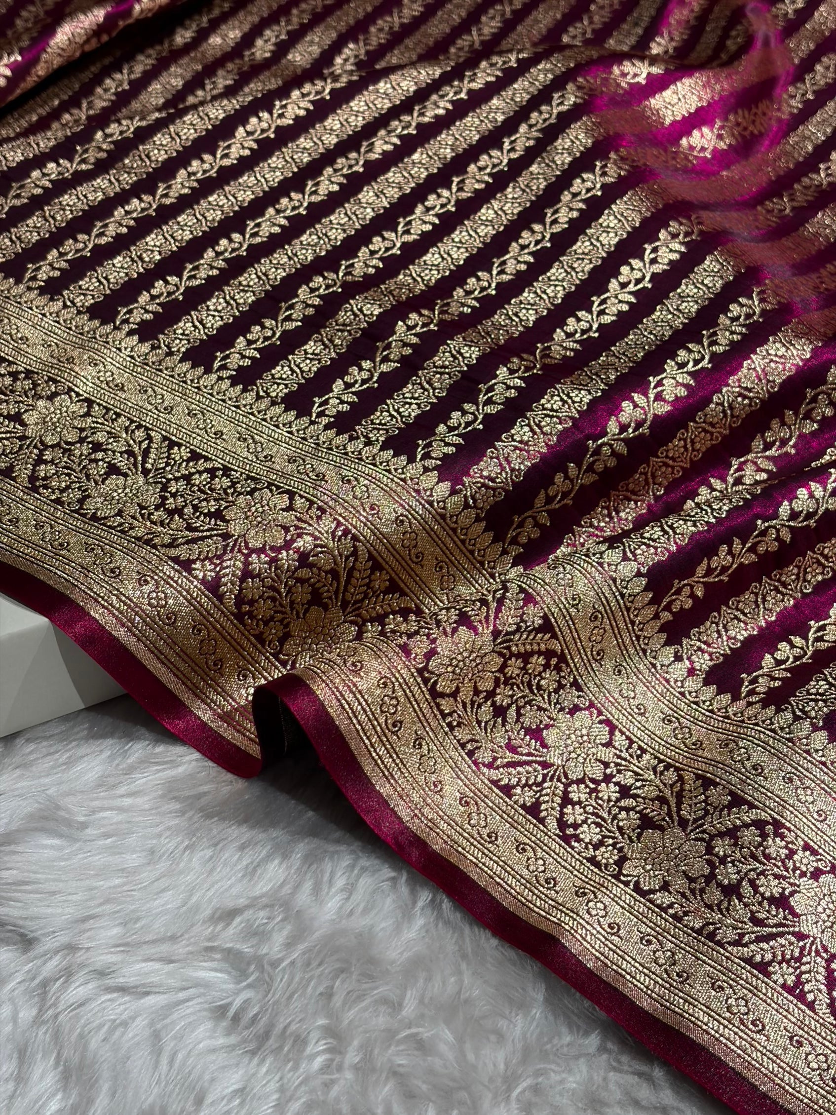 Wine Shades Stripe Pattern Banarasi Satin Silk Saree SS46