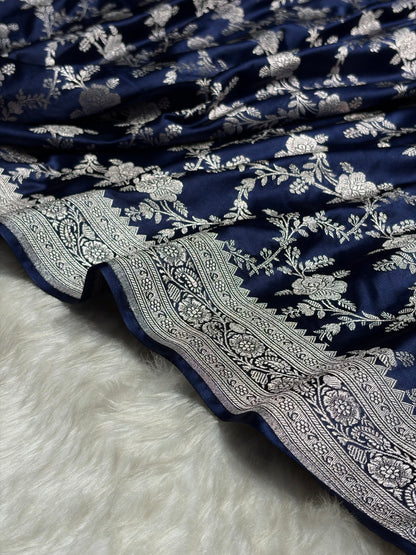Navy Blue Floral Jaal Mashru Silk Saree  MS28