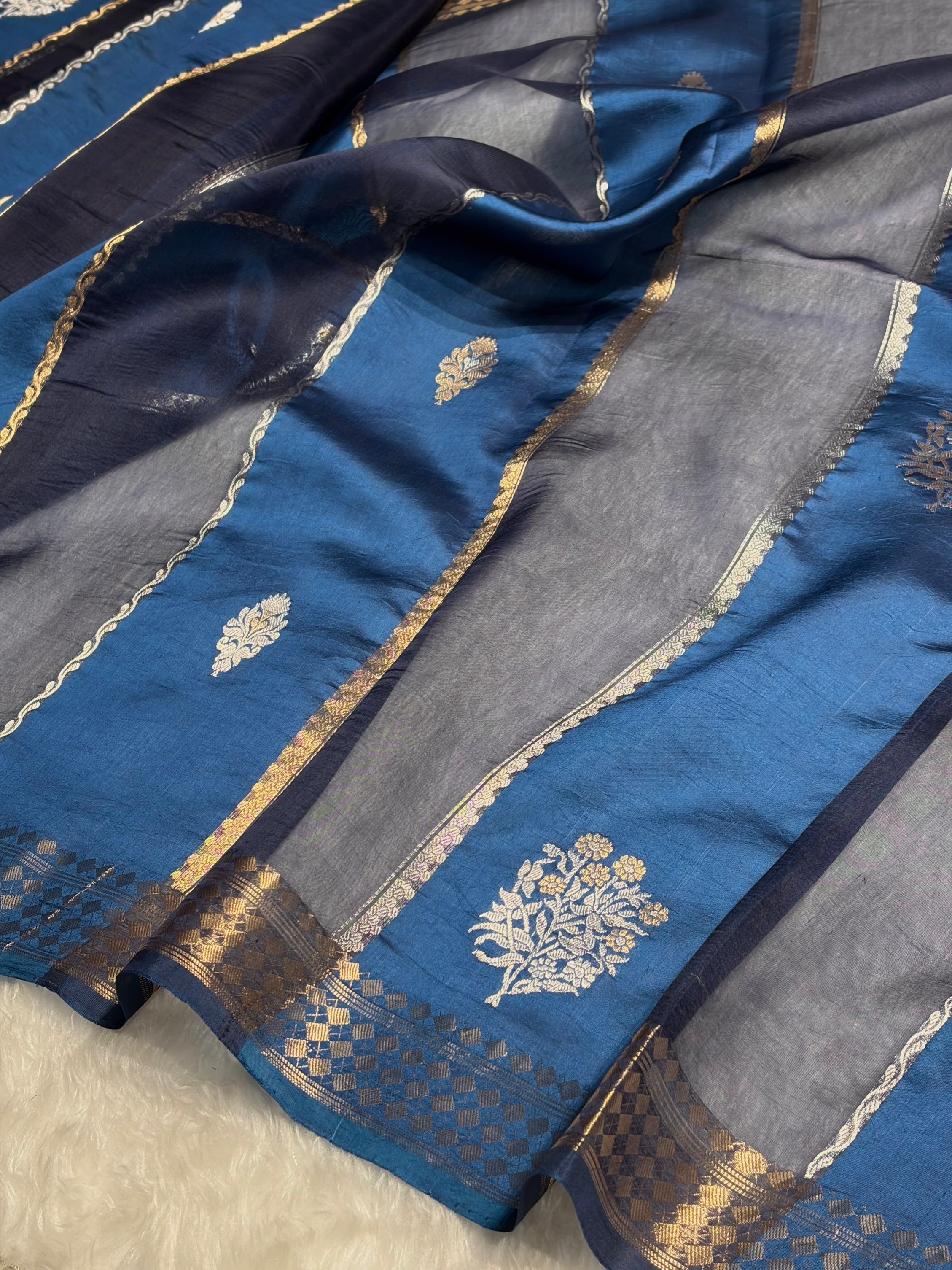 German Blue With Navy Shades Handwoven Pure Raw Mango Silk RM-50