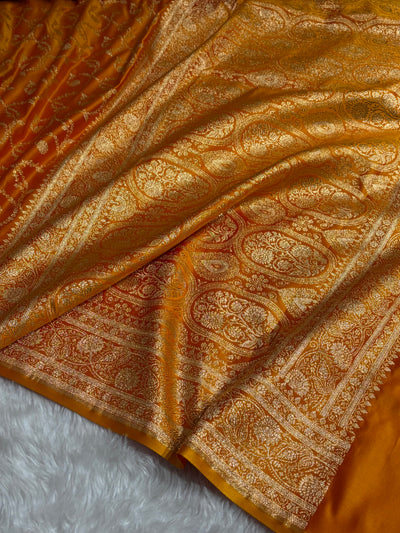 Banarasi Fanta Orange Floral Jaal Pattern Satin Katan Silk saree SK55