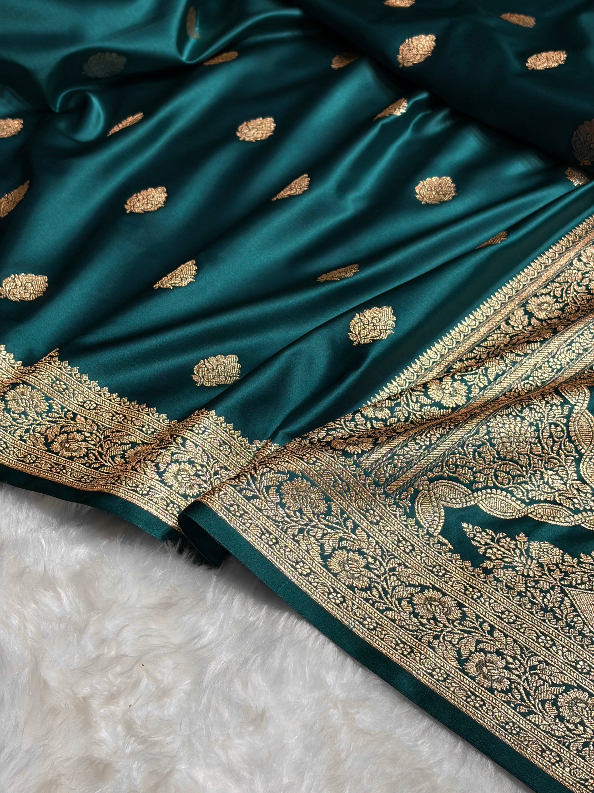 Dark Rama Booti Pattern Satin Katan Silk Saree SK65