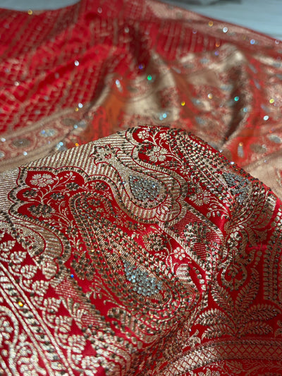 Red Banarasi Brocade With Swarovski Work Soft Katan Silk Saree - BSK44