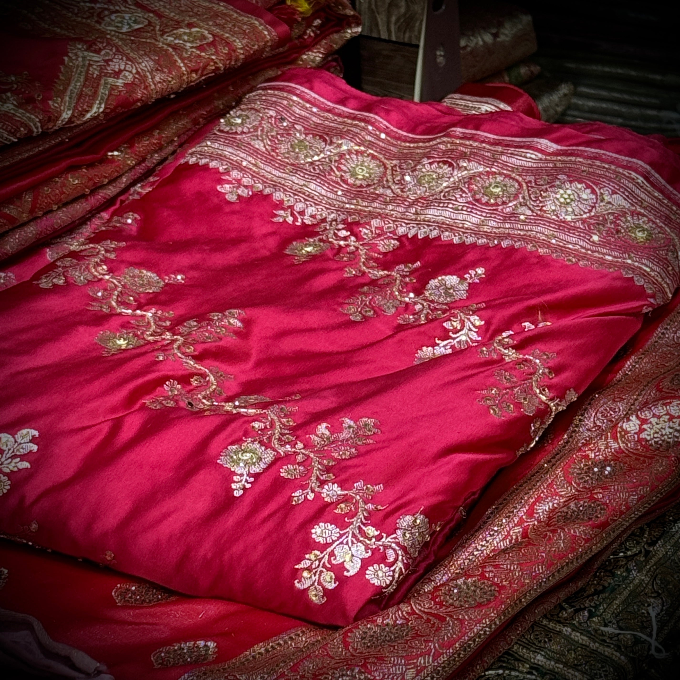 Strawberry Red Mashru Silk with Ari and Stone