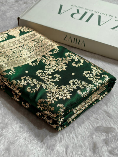 Bottle Green Shades Jaal Pattern Banarasi Satin Silk Saree SS49