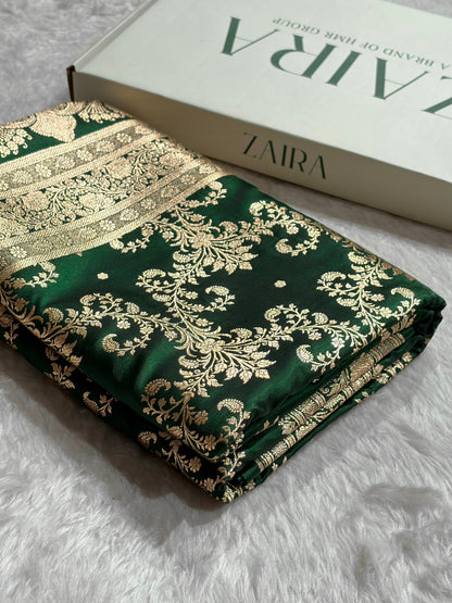 Bottle Green Shades Jaal Pattern Banarasi Satin Silk Saree SS49