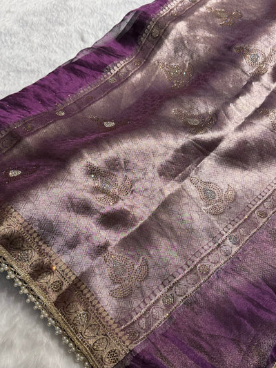Wine Shades Pure Tissue Silk With Banarasi Swarovski Work Saree with Brocade Blouse BPGPT-09