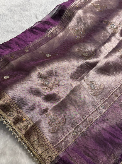 Wine Shades Pure Tissue Silk With Banarasi Swarovski Work Saree with Brocade Blouse BPT-09