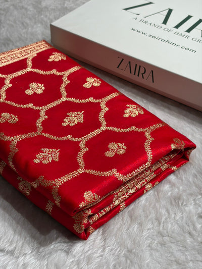 Red Shades Jaal Pattern Banarasi Satin Silk Saree SS57