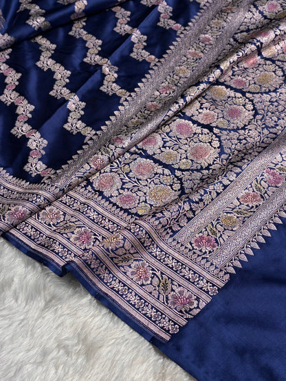 Royal Blue Shades Banarasi Minakari Mashru Silk Saree With Cross Pattern MS02