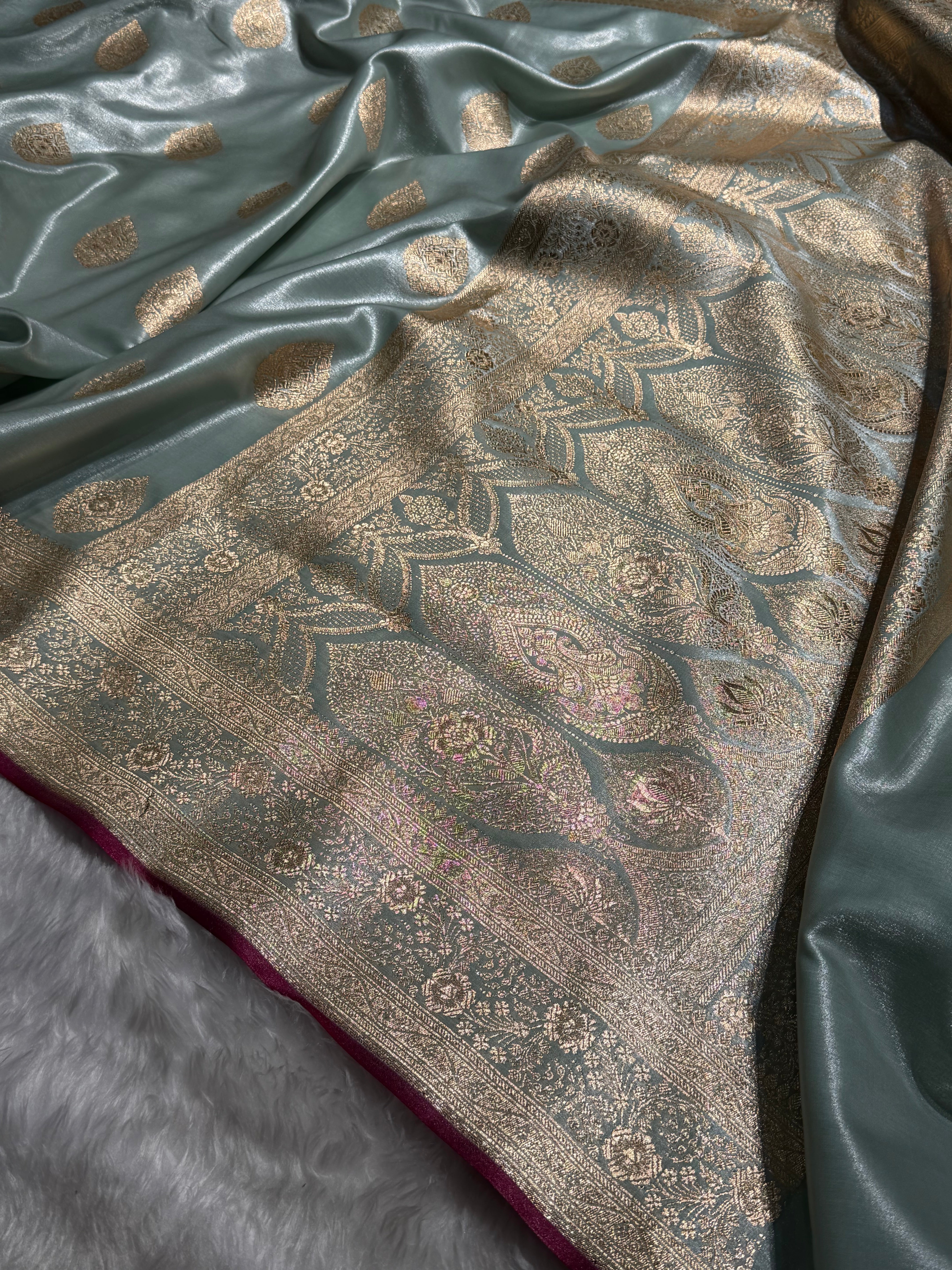 Ultra Light Weight Satin Silk Boota in Mint Green Shades SS05