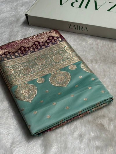Sea Green with wine Booti Satin Katan Silk saree SK29