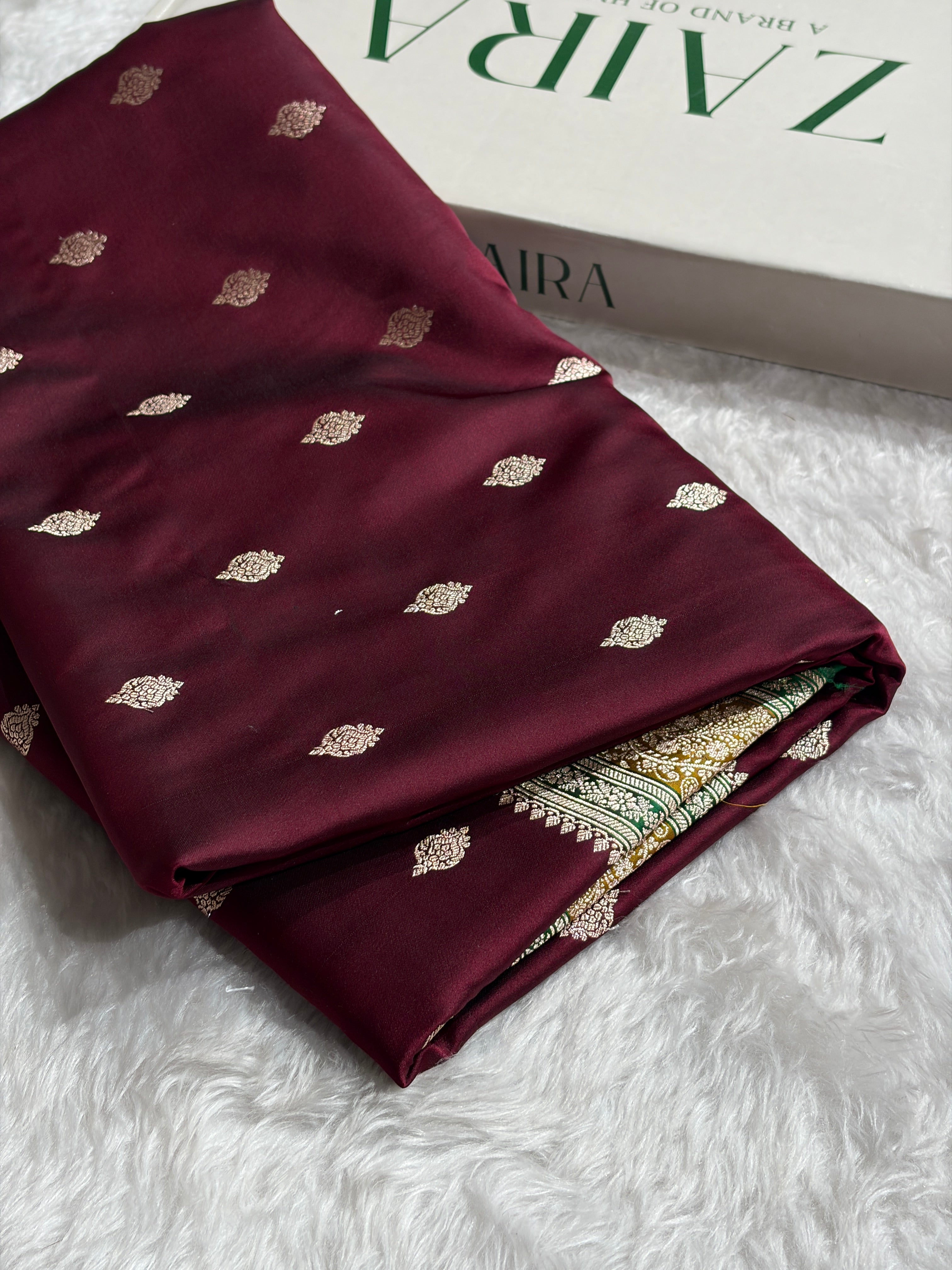 Banarasi Chocolate With Contrast Liril Green Floral Border Mashru Silk Saree MSM-101
