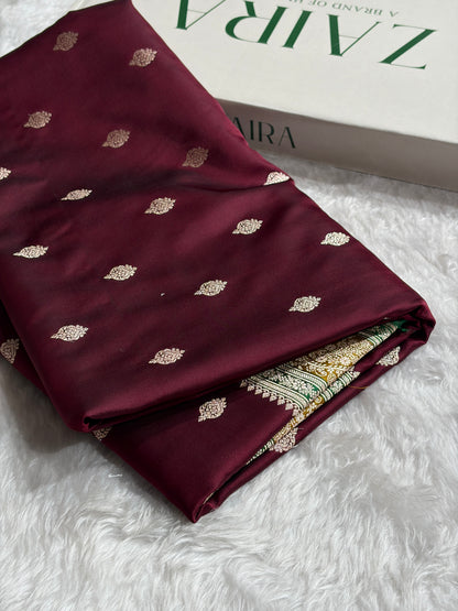 Banarasi Chocolate With Contrast Liril Green Floral Border Mashru Silk Saree MSM-101