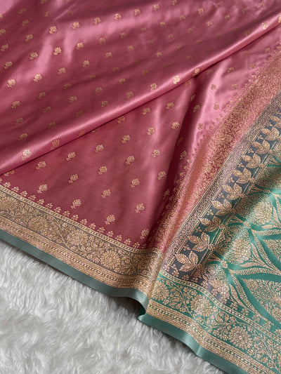 Contrast Baby Pink / Turquoise Floral Booti Banarasi Satin Katan Silk Saree SK16