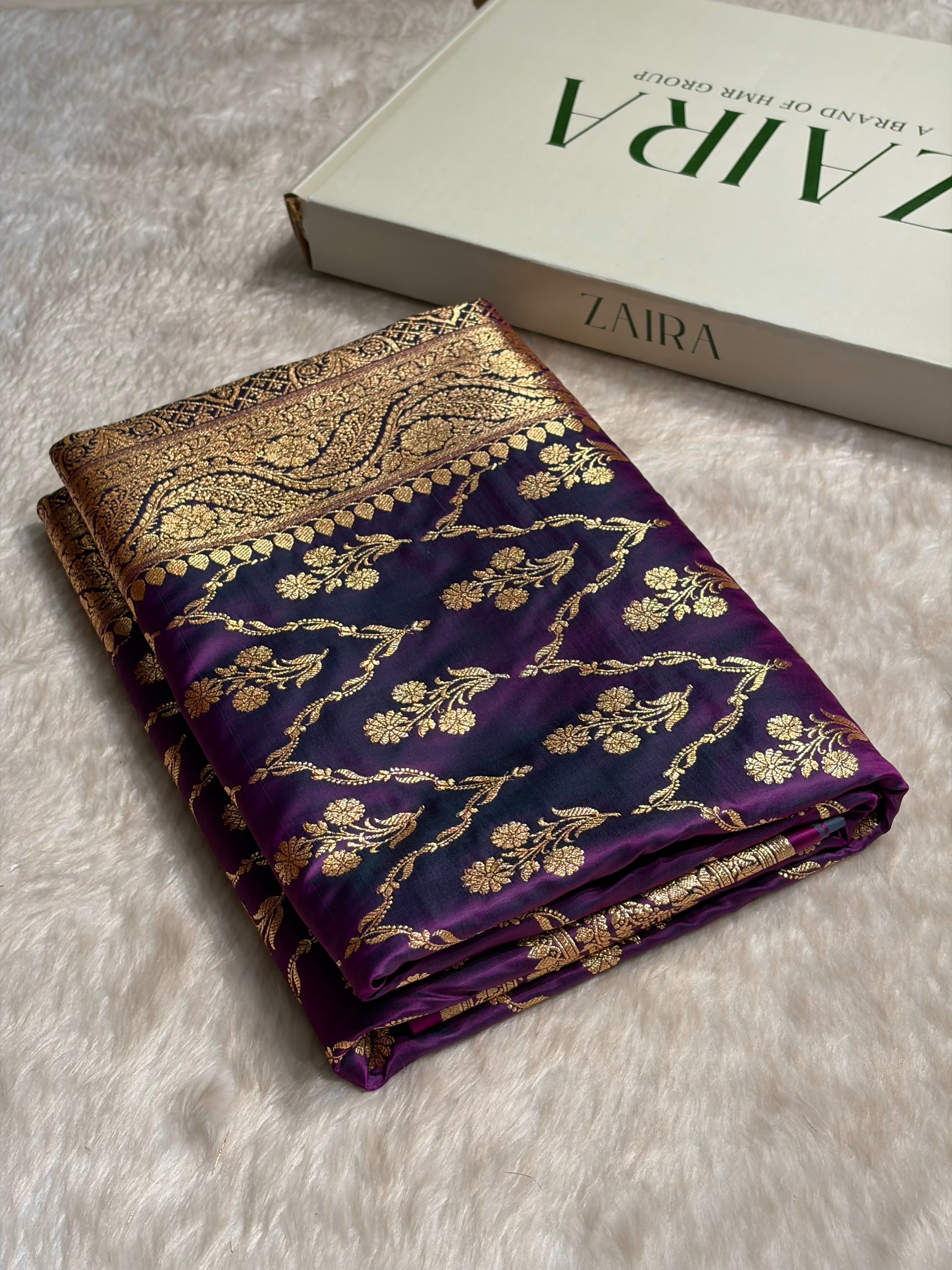Wine Cross with Boota Pattern Satin Katan Silk Saree SK67