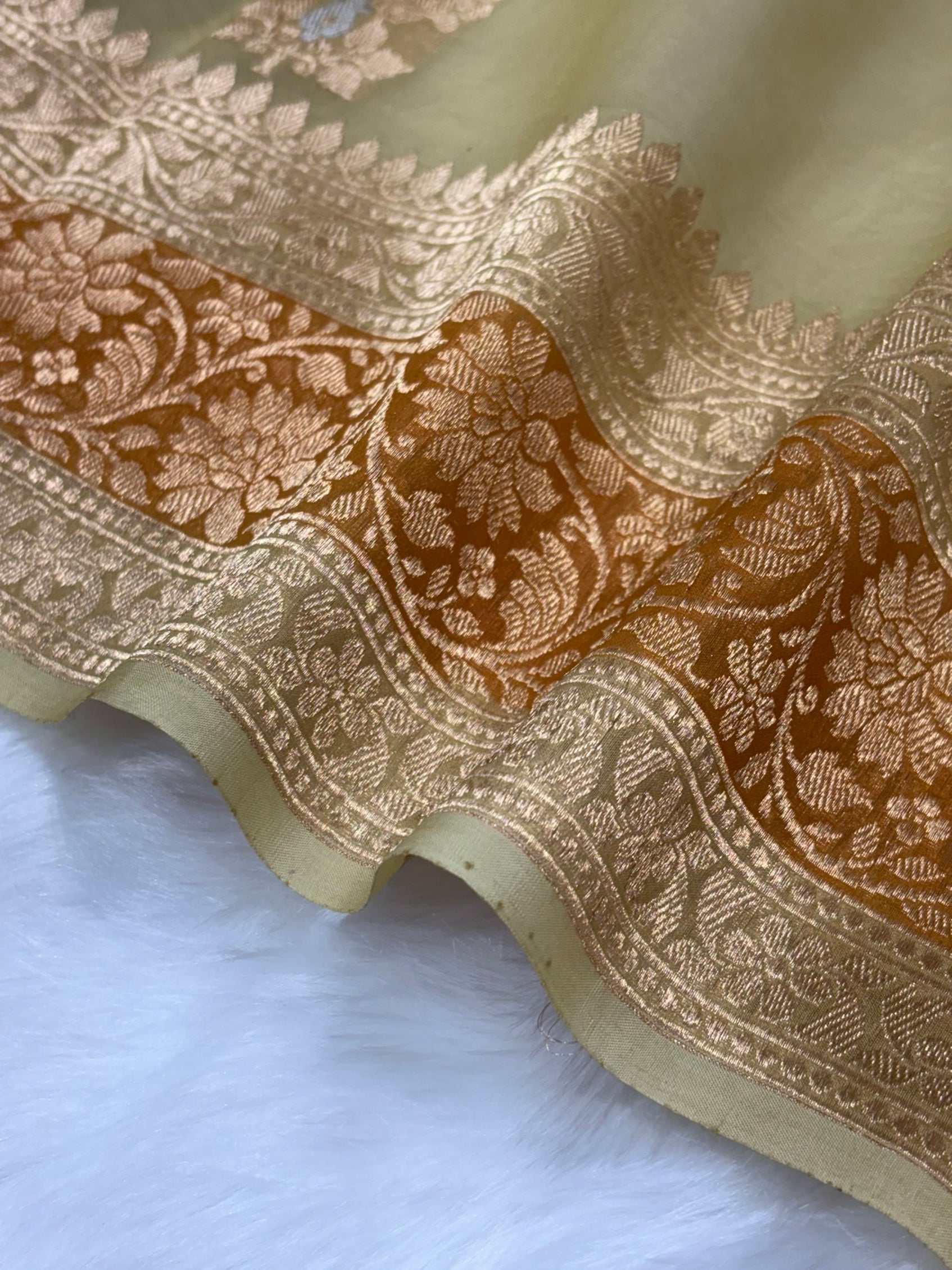 Pure Organza Dusty Yellow Floral Meena Banarasi Silk Saree PO-04