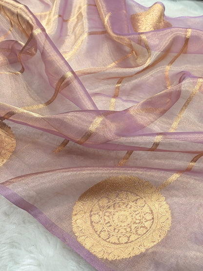 Pinkish Lavender Bananasi Floral Shades Pure Tissue Silk Saree PT-20