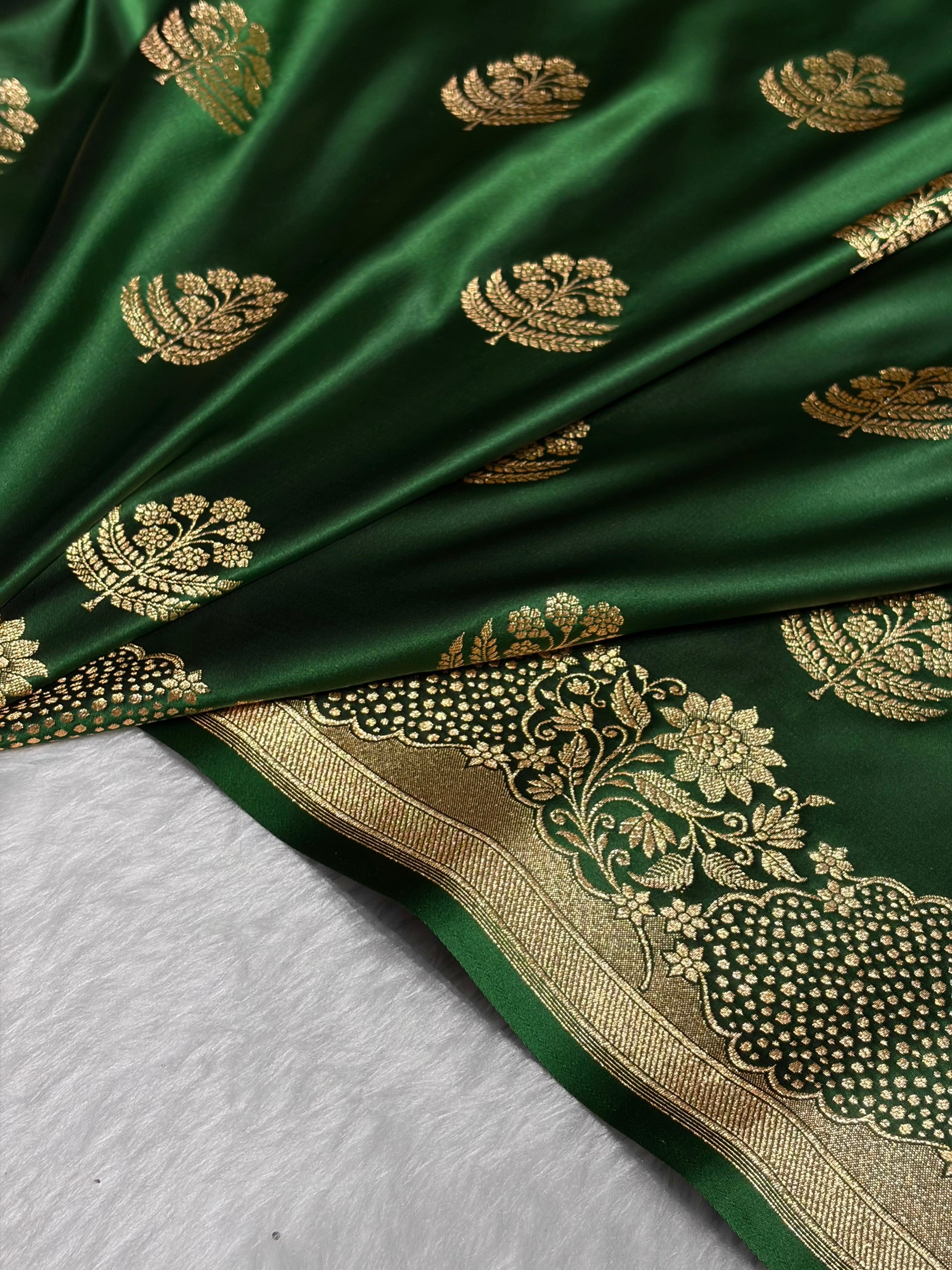 Bottle Green Unique Boota Pattern Satin Katan Silk Saree SK70