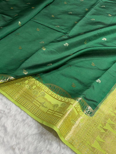 Banarasi Bottle Green With Lemon Contrast Shade Flower Boota Pure Caramel Mango Silk Saree CS-18