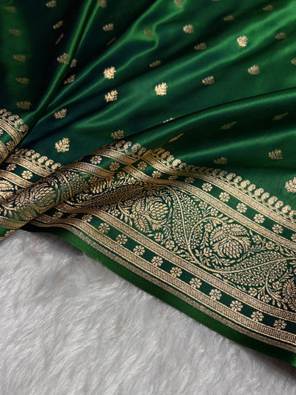 Cross Green Floral Pattern Satin Katan Silk Saree SK78