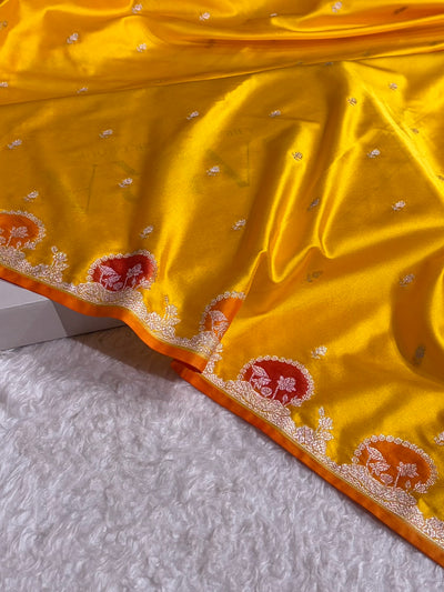 Banarasi Yellow Shades With Minakari Floral Mashru Silk Saree MCS91