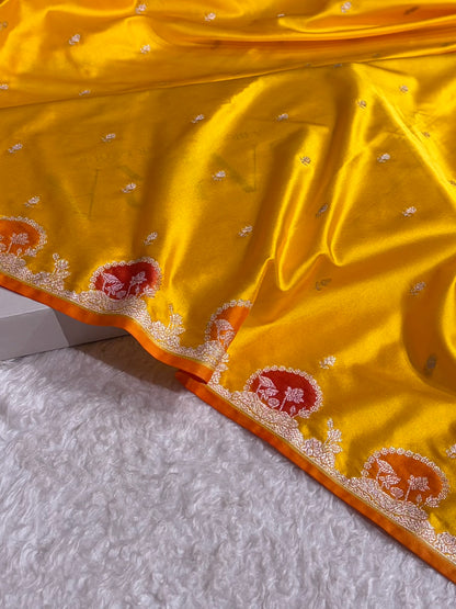 Banarasi Yellow Shades With Minakari Floral Mashru Silk Saree MS91