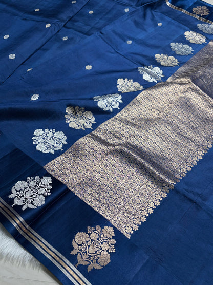 Royal Blue Shades Meena Boota Handwoven Pure Katan Raw Mango Silk RM-01