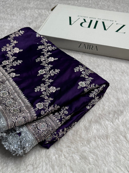 Purple shade Mashru Silk with Ari and stone work with Silver Gotta Patti