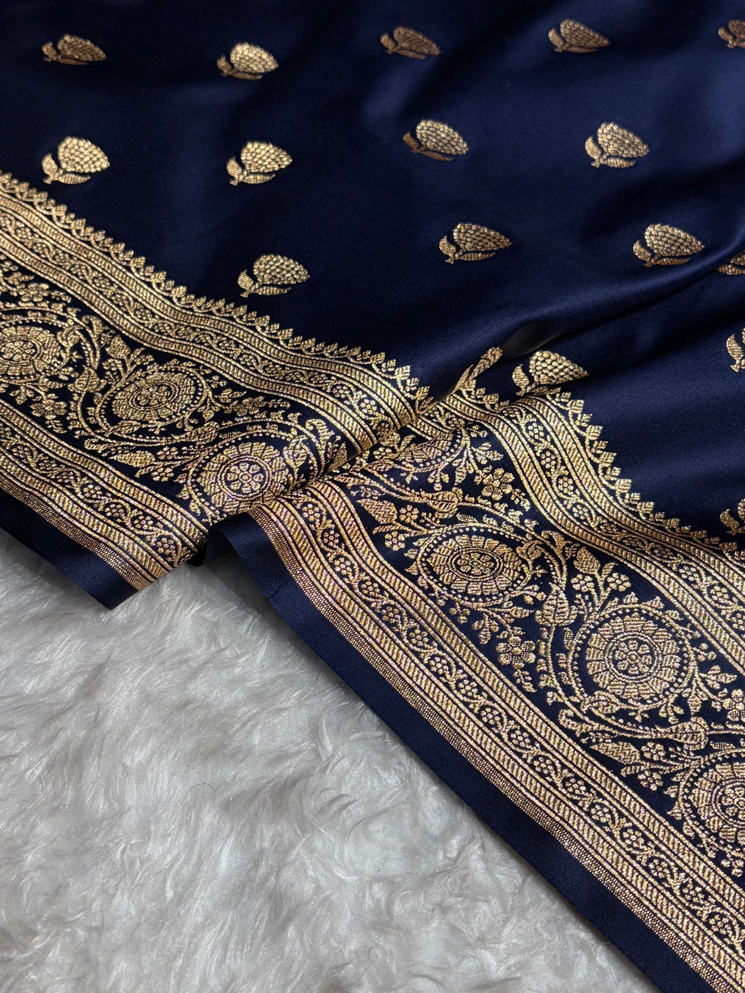 Banarasi Satin Katan Saree in Navy Blue Shades SK85