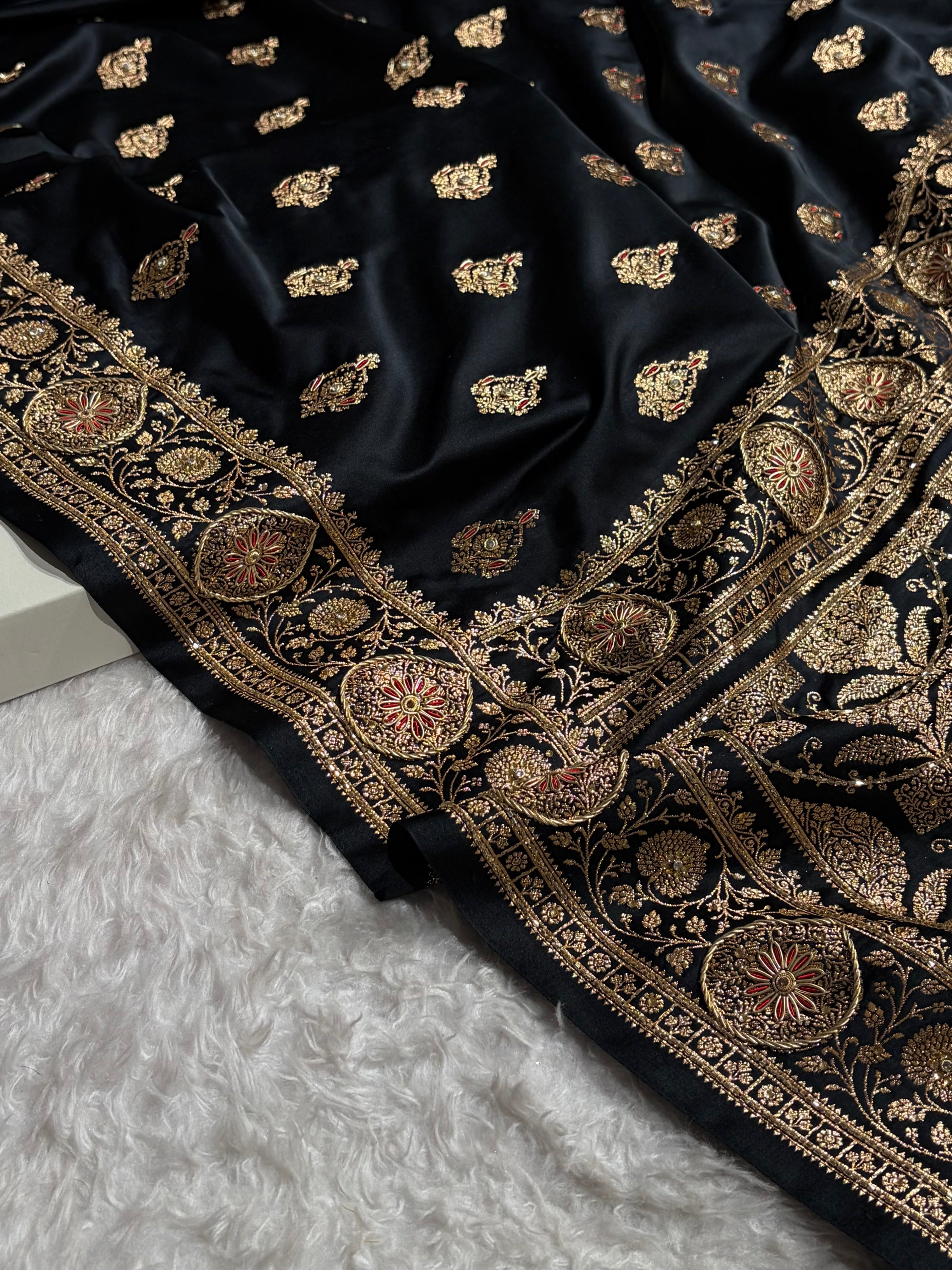 Banarasi Satin Katan Saree With Aari Zardozi Work Boota in Black Shades BSK98