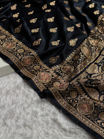 Banarasi Satin Katan Saree With Aari Zardozi Work Boota in Black Shades BSK98